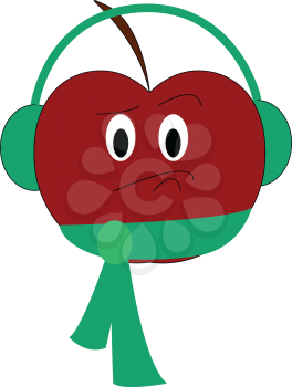 A red apple wearing green color headphones and a green belt with a surprised expression on the face vector color drawing or illustration 