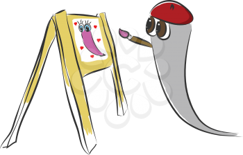 A grey worm with brown eyes wearing a red painter's cap is painting a picture of a pink female worm with red hearts all around it vector color drawing or illustration 
