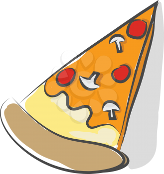 A drawing of a triangular slice of pizza with a thick crust double cheese pepperoni and mushrooms vector color drawing or illustration 