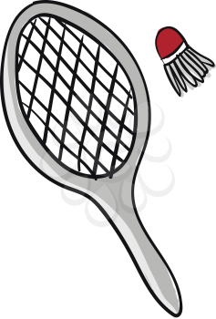 A pair of grey badminton bat and a red shuttlecock having few feathers placed on the ground next to each other vector color drawing or illustration 