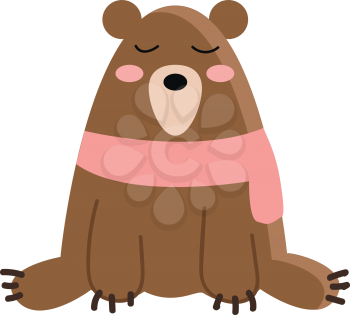 A big brown bear wearing a pink scarf is sitting on the ground with its eyes closed vector color drawing or illustration 