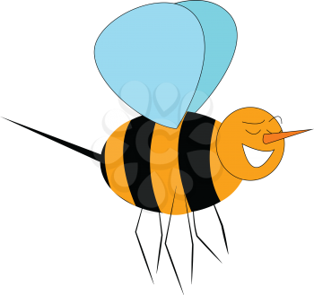 A happy bee with black and yellow stripes six legs blue wings has a long sharp sting at the back vector color drawing or illustration 