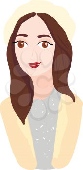 A woman with brown hair eyes and lips is wearing a yellow hat a grey dress and a yellow sweater vector color drawing or illustration 