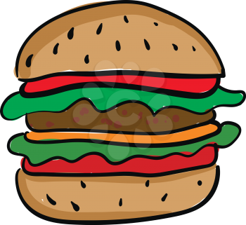 A cheeseburger with one patty lettuce leaves and slices of tomatoes vector color drawing or illustration 