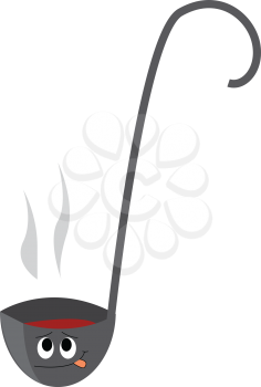 A big grey soup spatula with a bent handle and a smiley face on it with a steaming hot soup vector color drawing or illustration 