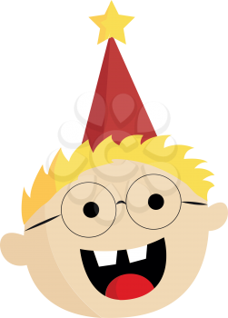 A pretty happy boy with blonde hair glasses wears a red birthday cap with a yellow star on the top vector color drawing or illustration 