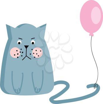 A grumpy light blue cat with pink cheeks and a pink balloon attached to the tail vector color drawing or illustration 