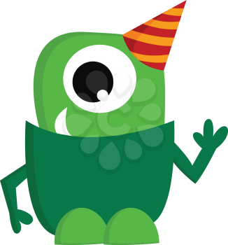 A green one-eyed monster with a red and orange cone-shaped hat to the corner of the head dark green body and light green feet vector color drawing or illustration 