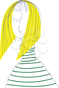 A girl with her blonde hair blown forward has her one eye closed and wears a green striped dress vector color drawing or illustration 