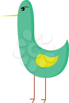 A green colored bird with a long sharp yellow beak and wings also having brown feet vector color drawing or illustration 