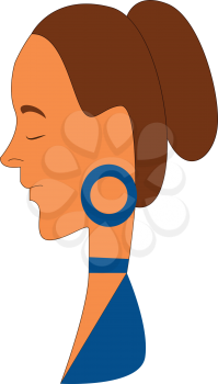 A woman with brown hair in a blue dress with eyes closed wearing a blue earring vector color drawing or illustration 