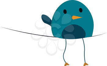 A fat blue bird with a yellow beak sitting on a string vector color drawing or illustration 