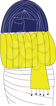 A girl with a blue face white dress and a yellow scarf and an eye closed vector color drawing or illustration 