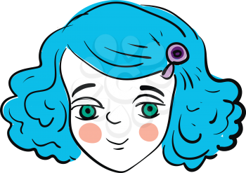 A pretty girl with blue hair lavender hairpin green eyes and pale cheeks smiling vector color drawing or illustration 