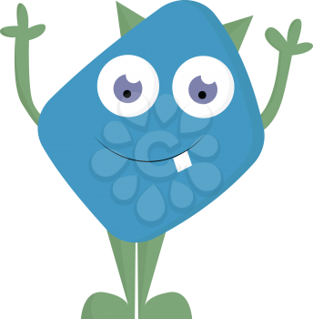 A monster with an oval-shaped body blue in color has raised his hands while standing It has rolling eyes looking down and a tooth projecting out vector color drawing or illustration 