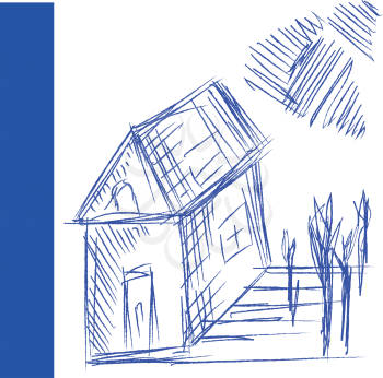 A pen drawing of a house with one door one window to the side and one attic window It also has about four trees and sky vector color drawing or illustration 