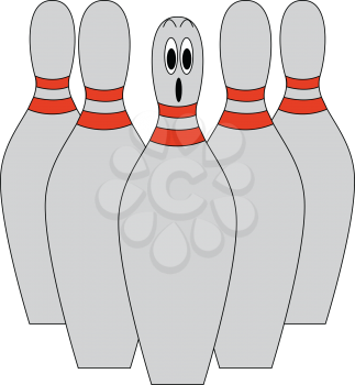 A set of five grey-colored bowling pins with one pin at the center being dismayed All the pins with red dual stripes around the neck vector color drawing or illustration 