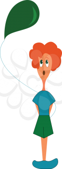 A boy with red hair blue shirt green shorts and blue shoes looking up at a green balloon that he is holding with his hands behind him vector color drawing or illustration 