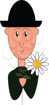 A boy dressed in black with a black hat holding a flower vector color drawing or illustration 