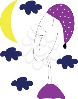 A boy wearing a purple nightgown and a purple nightcap is watching the moon and night clouds vector color drawing or illustration 