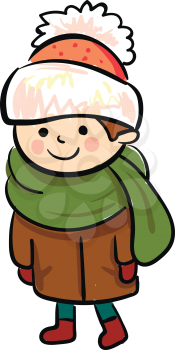 A small boy wearing winter clothes like orange winter cap green scarf brown coat red mittens and socks vector color drawing or illustration 