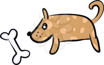 A brown dog with pink patches is looking at a piece of bone vector color drawing or illustration 