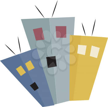 A set of three buildings with three windows and two antennas each vector color drawing or illustration 