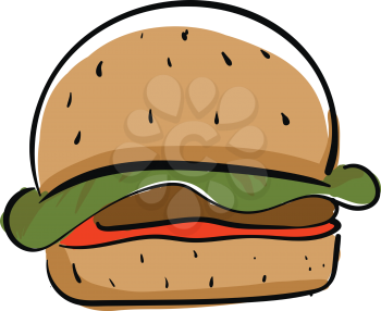 A big brown burger with Patti lettuce and a slice of tomato vector color drawing or illustration 