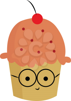 A brown and pink cupcake with pink sprinkles and a red cherry on the top wearing rounded glasses vector color drawing or illustration 