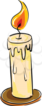 A half-melted candle list in a brown stand with an orange and yellow flame vector color drawing or illustration 