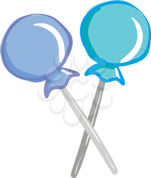 A pair of light blue and dark blue candy lollipops with a wrapper crossing each other vector color drawing or illustration 