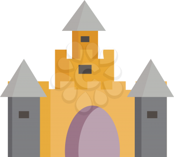 Yellow and grey castle with cone-shaped grey roofs a large entrance and many windows vector color drawing or illustration 