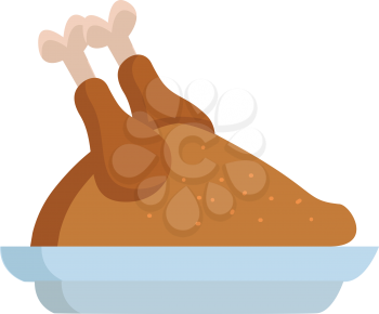 A whole roasted chicken served on a blue color plate vector color drawing or illustration 