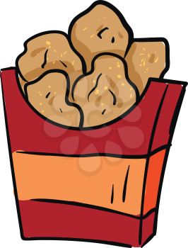 A red and yellow box of small pieces of brown chicken nuggets vector color drawing or illustration 