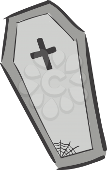 A large grey coffin with a black cross engraved on the top and a spider web at the bottom vector color drawing or illustration 