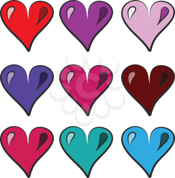 Three sets of red purple blue and pink hearts arranged in an order vector color drawing or illustration 