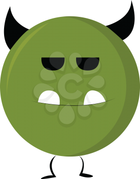 A circular green monster with black horns and two teeth standing upright vector color drawing or illustration 
