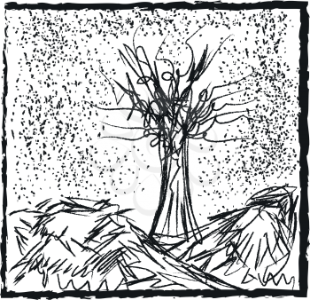 A black and white pencil drawing of a tree in the snow vector color drawing or illustration 