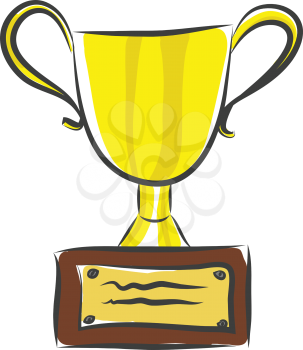 A large golden trophy with a wooden stand placed on a shelf vector color drawing or illustration 