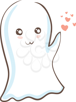 A cute ghost with a smiley is waving vector color drawing or illustration 