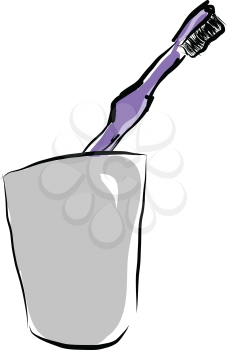 A purple toothbrush with black bristles placed in a grey glass inside a bathroom vector color drawing or illustration 