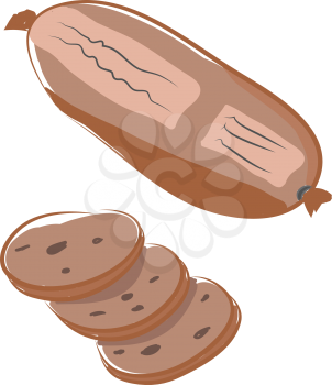 A long piece of packaged brown color sausage sliced in thin slices vector color drawing or illustration 