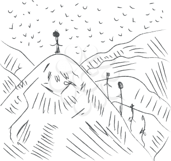 A pencil drawing of a mountainous area with lots of birds and people standing on it vector color drawing or illustration 