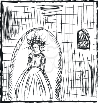 A pencil sketch of a girl with curly hair wearing a gown and living in an old castle vector color drawing or illustration 