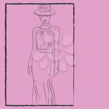 A pink framed picture of a woman wearing a fashionable dress and a hat vector color drawing or illustration 