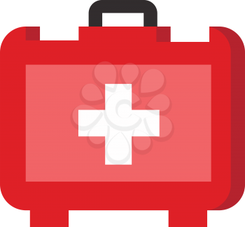 Red color emergency first aid box with a white color plus sign and a black handle containing emergency medication and first aid tools vector color drawing or illustration 