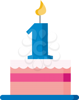 A pink birthday cake with white frosting celebrating one year with a blue candle vector color drawing or illustration 