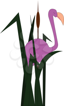 A purple flamingo hiding in tall green grass with its eyes closed vector color drawing or illustration 