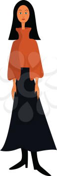 A girl with long black hair wearing a brown sweater long black skirt and a pair of black boots vector color drawing or illustration 
