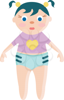 A baby wearing a purple shirt with heart detail blue shorts and two pigtails vector color drawing or illustration 